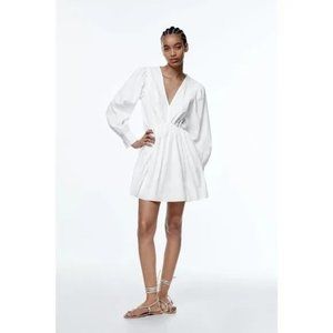 Zara Womens Dress Size XL White Embroidered Flowers Mini Long Sleeve Fit Flare